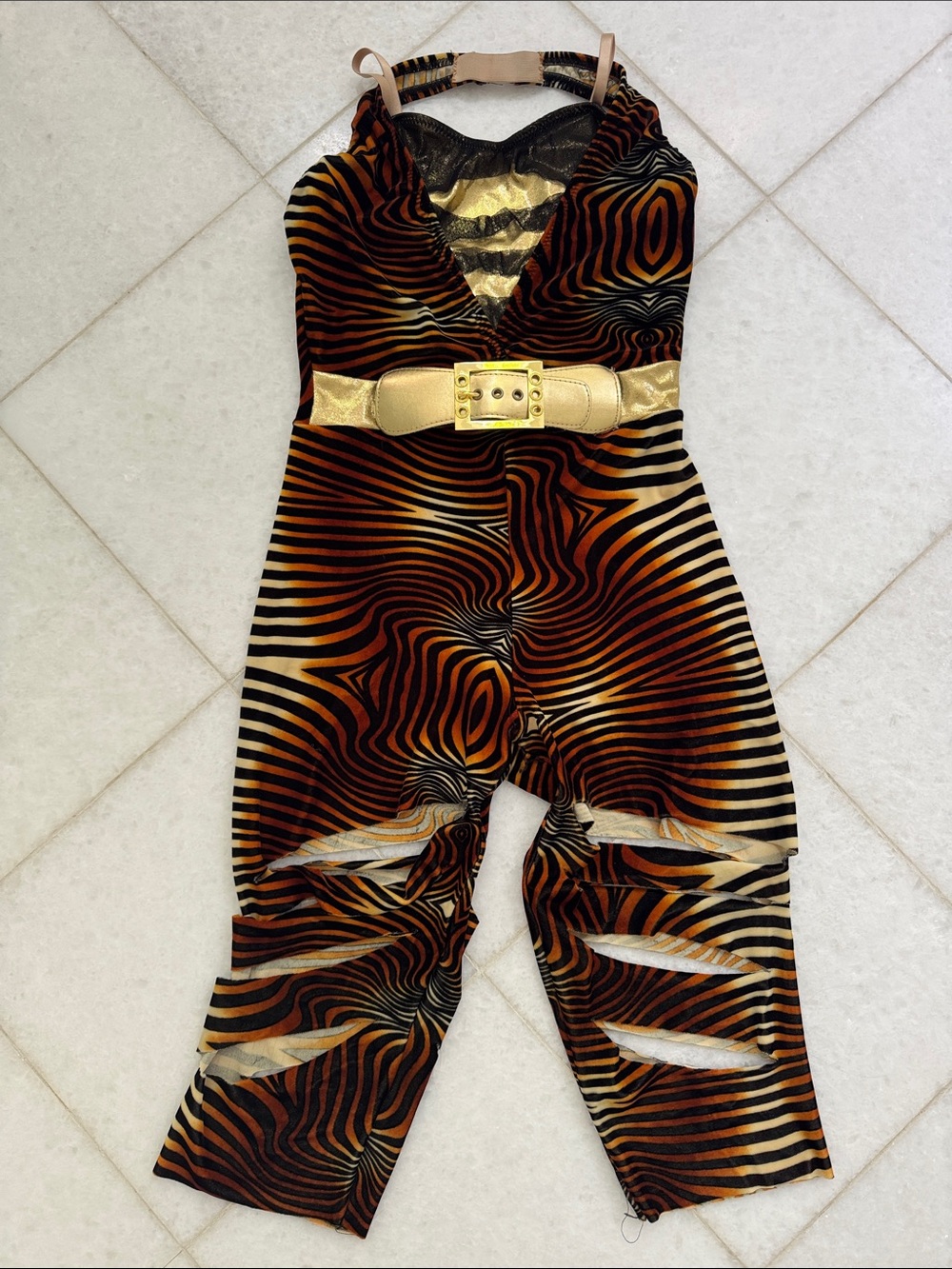 Gold Belted Zebra-Print Jumpsuit, MA
